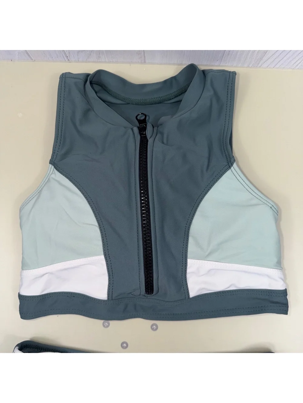 SHEIN Girls Size 8-9 Two Piece Swimsuit Gray Mint White Zip Front Colorblock